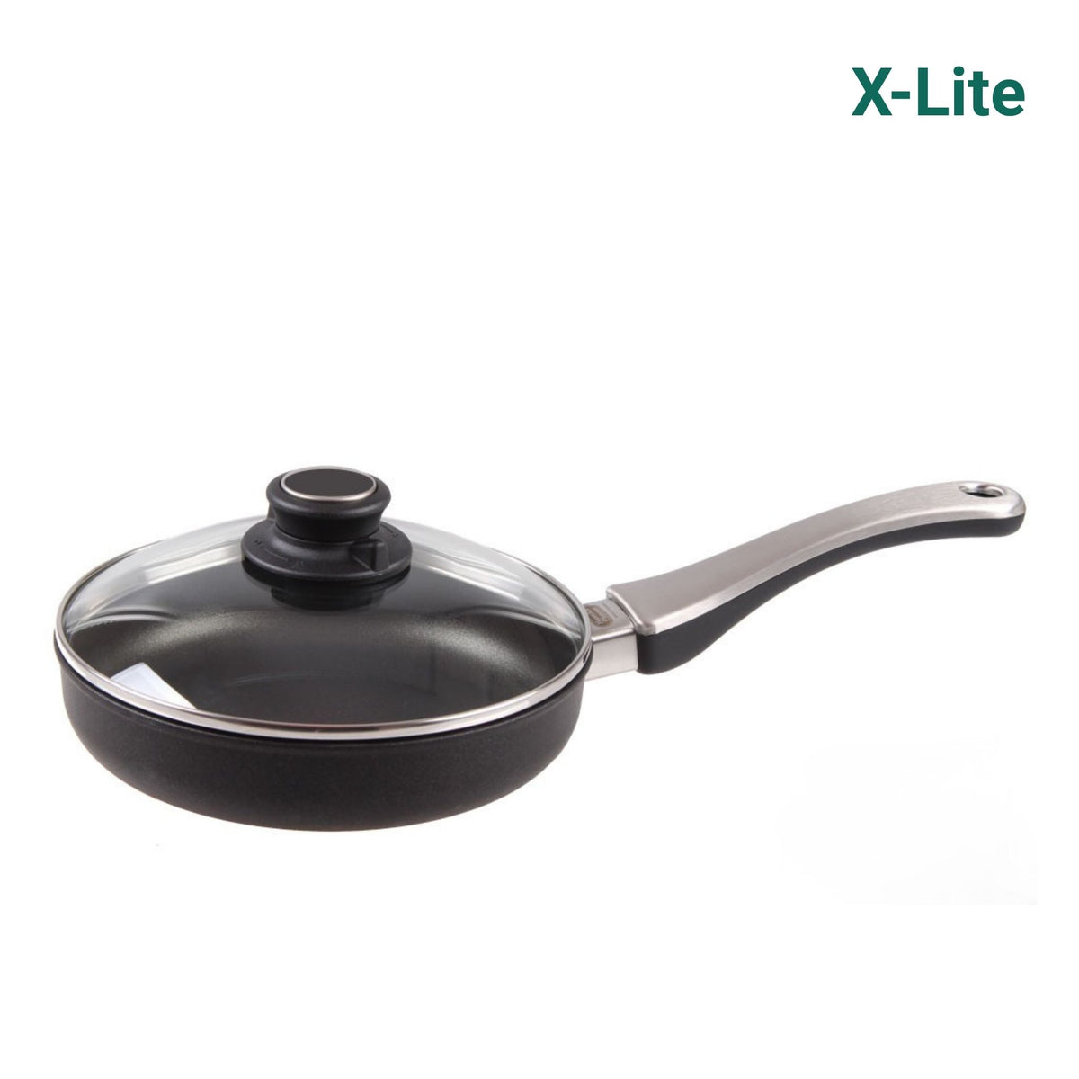 Schwarze Bratpfanne mit Glasdeckel und Edelstahlstiel, modernes Design, X-Lite Linie.