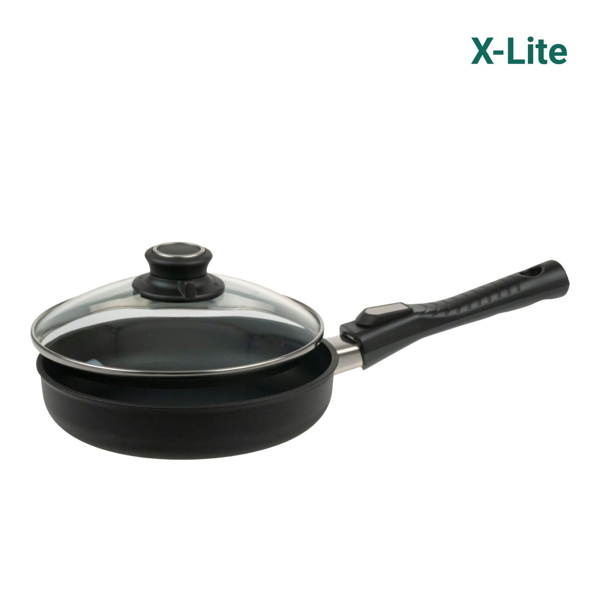 Schwarze Bratpfanne mit abnehmbarem schwarzem Griff und Glasdeckel mit schwarzem Knauf.