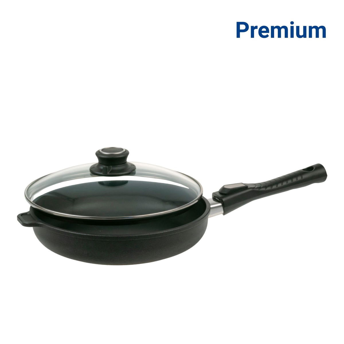 Schwarze Bratpfanne mit abnehmbarem Griff und transparentem Glasdeckel, Premium Qualität.