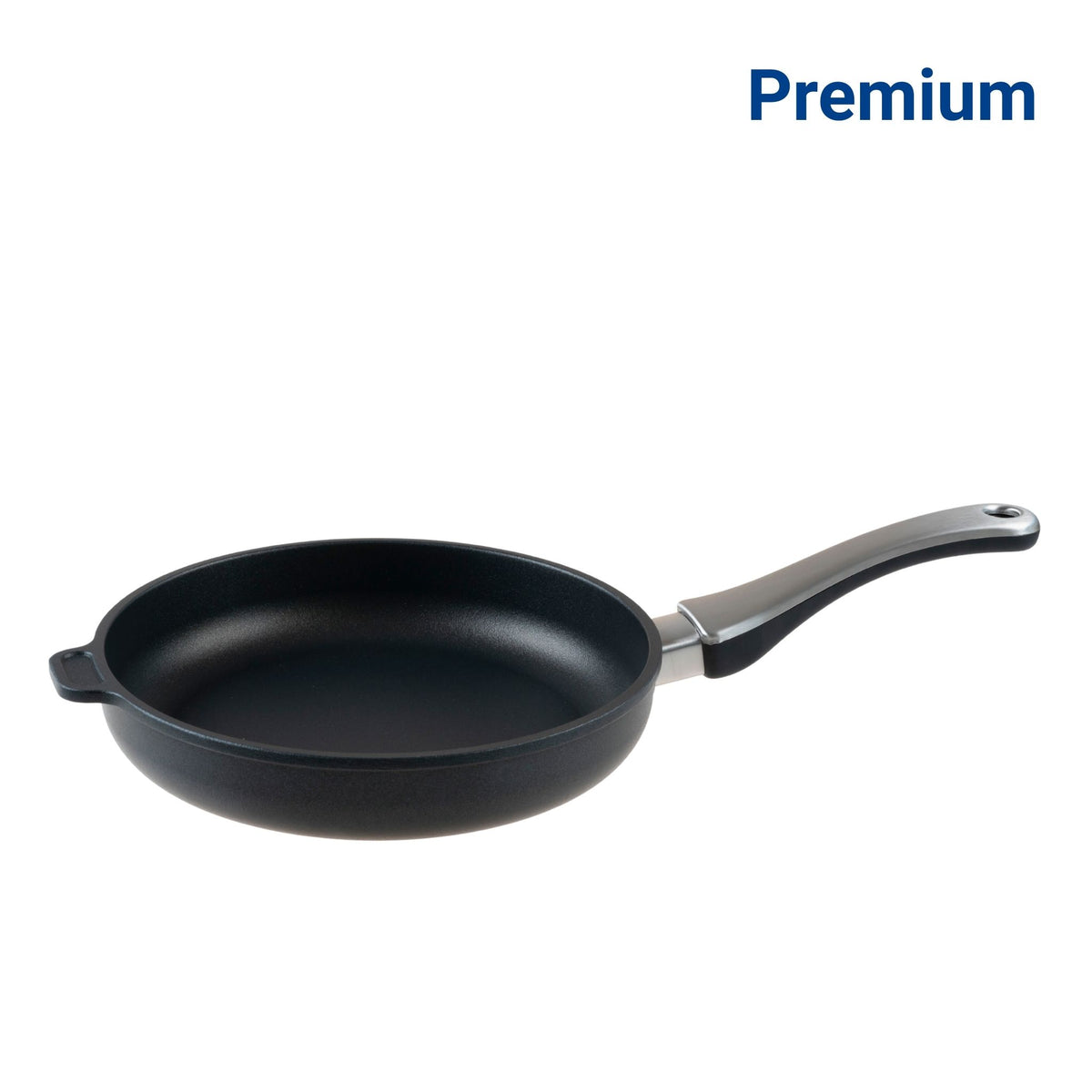 Schwarze Bratpfanne mit langem Edelstahlgriff und Antihaftbeschichtung.