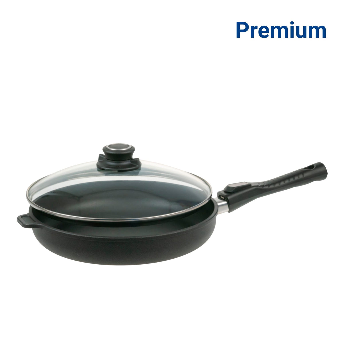 Schwarze Bratpfanne mit abnehmbarem Griff und transparentem Glasdeckel.