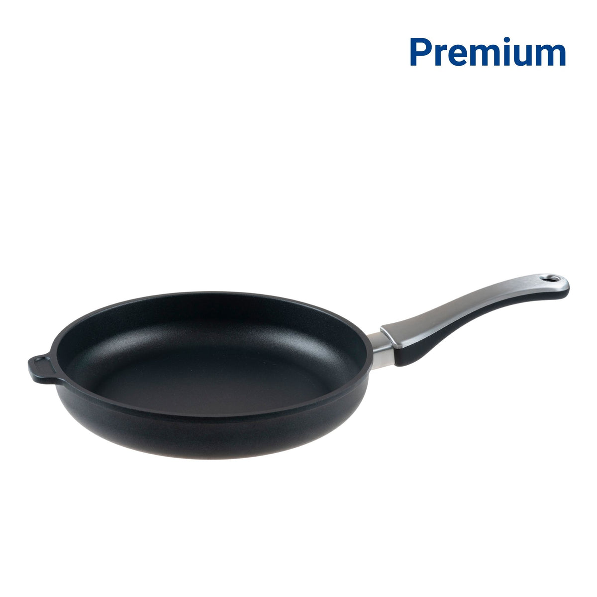 Schwarze Bratpfanne mit Edelstahlstiel und Antihaftbeschichtung, Premiumqualität.