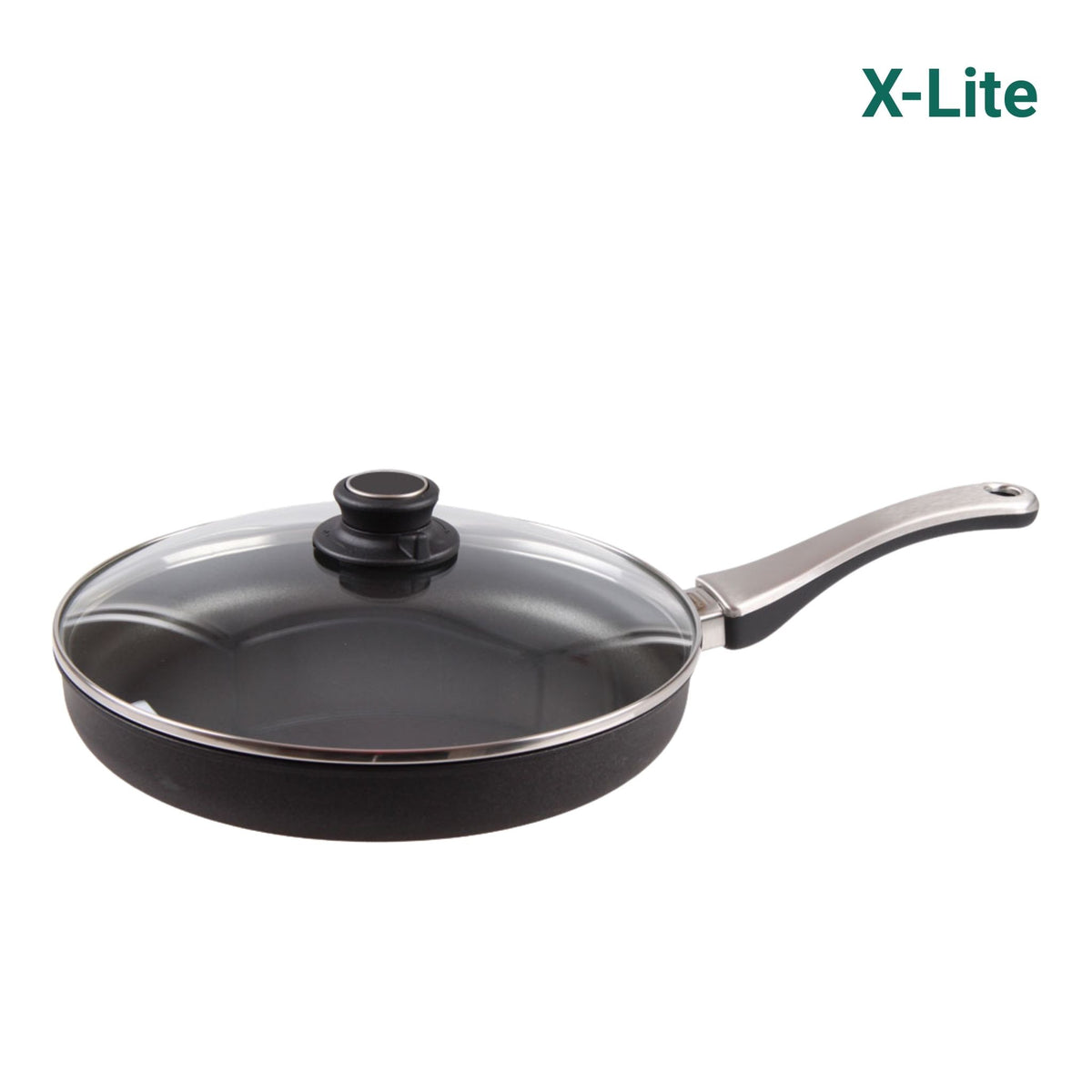Bratpfanne X-Lite mit abnehmbarem Edelstahlstiel und Glasdeckel, beschichtet, schwarz.