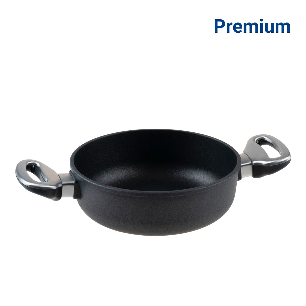 Schwarze Schmorpfanne mit flachem Boden und zwei ergonomischen Griffen, Premiumqualität.