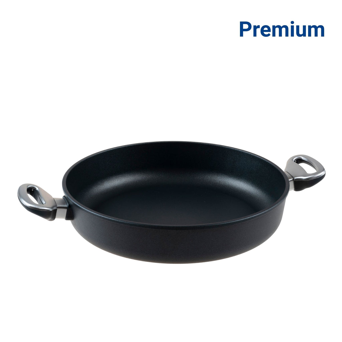 Schwarze Schmorpfanne mit zwei Metallgriffen und antihaftbeschichteter Oberfläche.