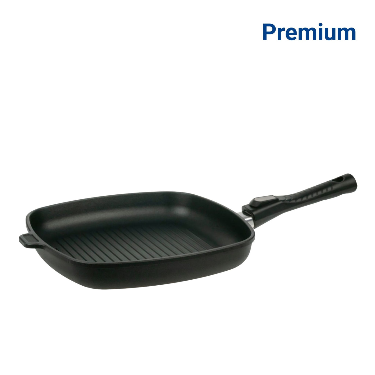 Schwarze quadratische Grillpfanne mit geriffelter Oberfläche und schwarzem Kunststoffgriff.