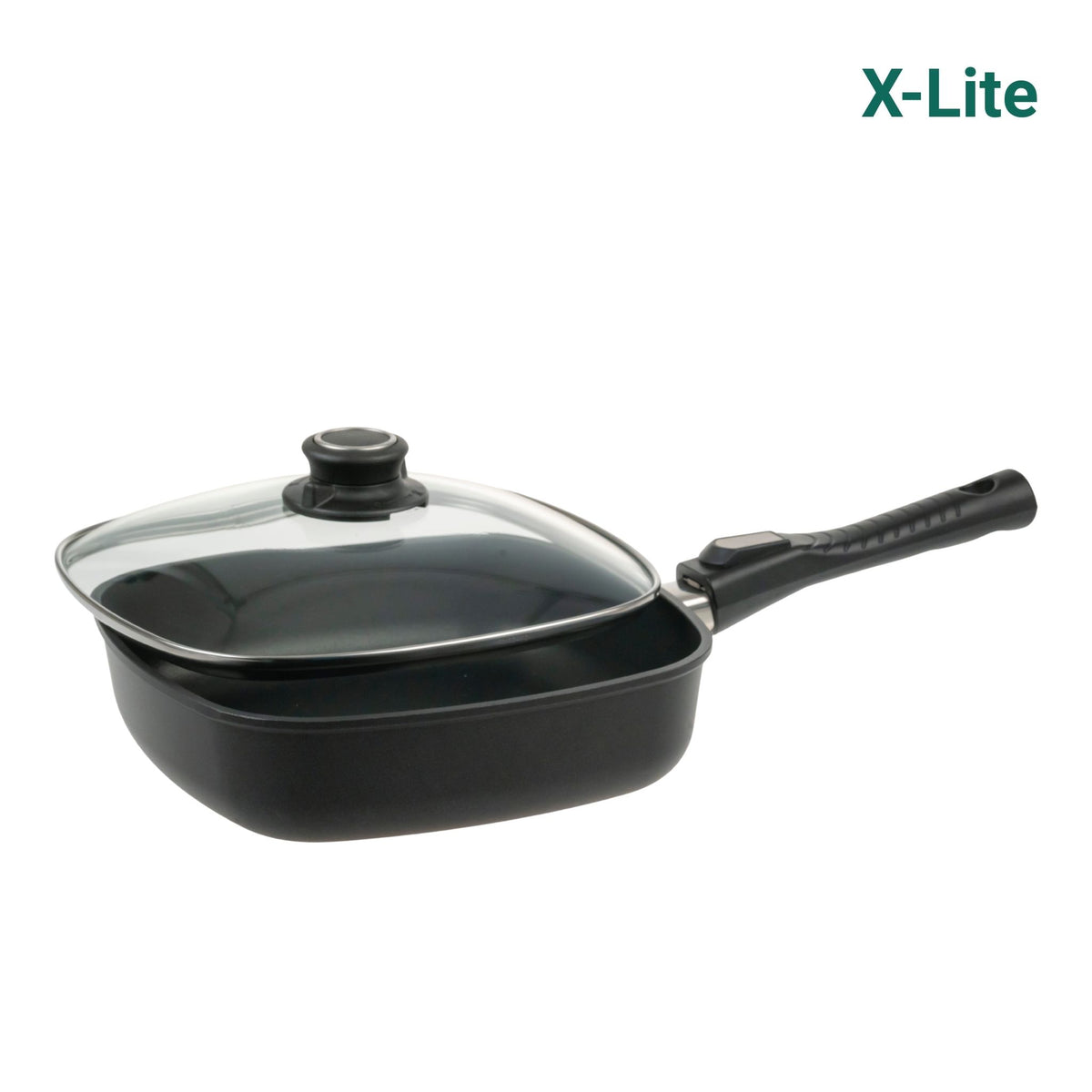 Schwarze Viereckpfanne mit abnehmbarem schwarzem Griff und Glasdeckel mit Dampföffnung.