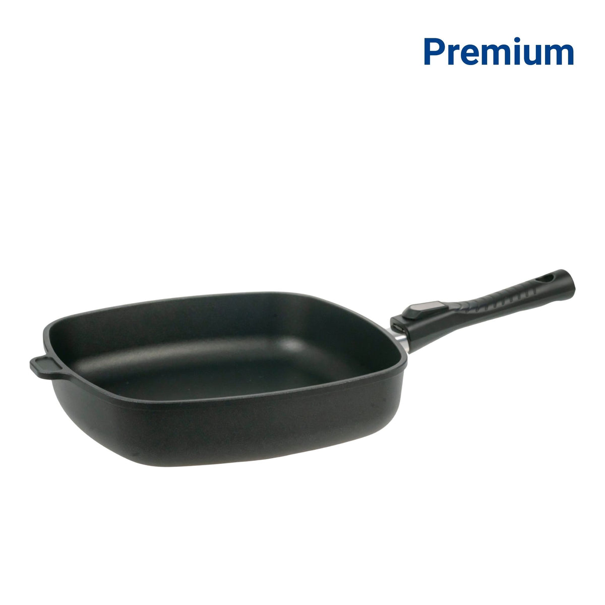 Schwarze Viereckpfanne mit Antihaftbeschichtung und ergonomischem Griff aus Kunststoff.