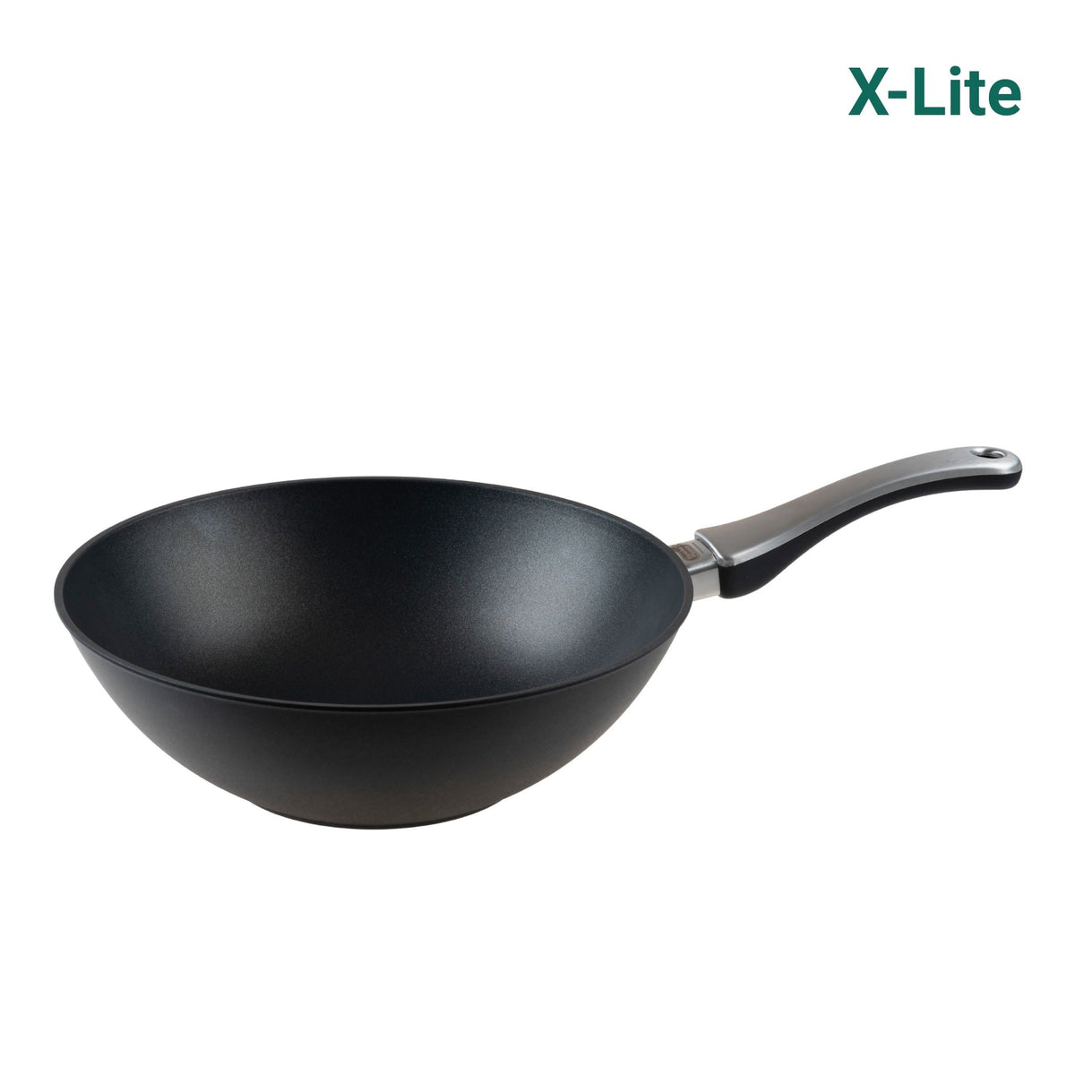 Schwarzer Wok mit antihaftbeschichteter Oberfläche und ergonomischem schwarzem Griff.