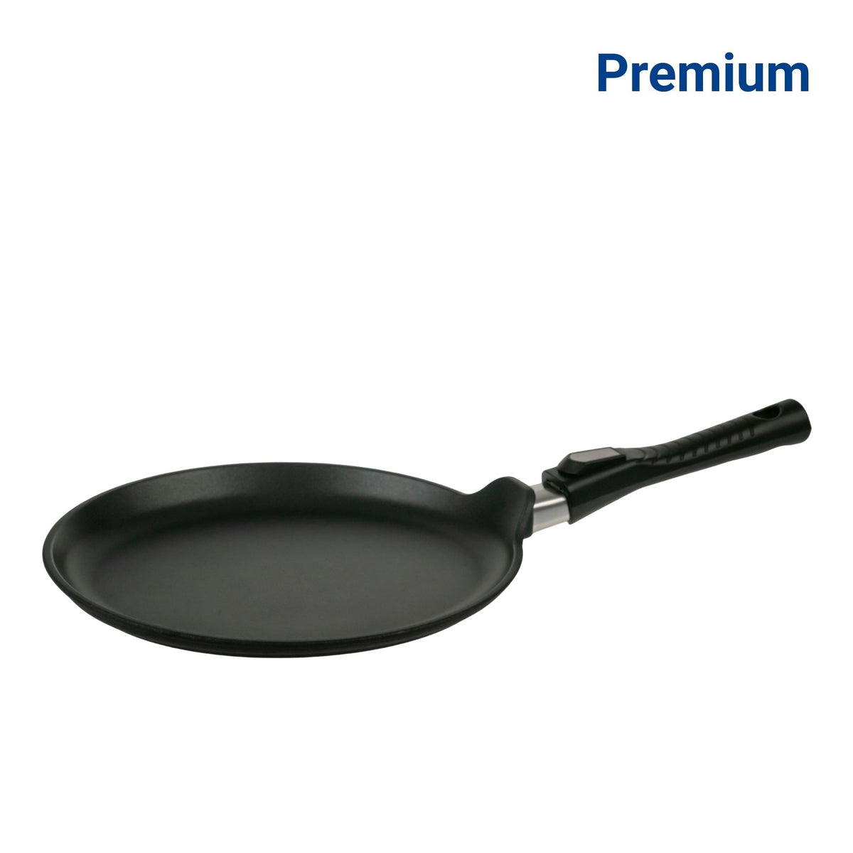 Schwarze Crêpes Pfanne mit flacher Oberfläche und langem schwarzem Griff aus Kunststoff.
