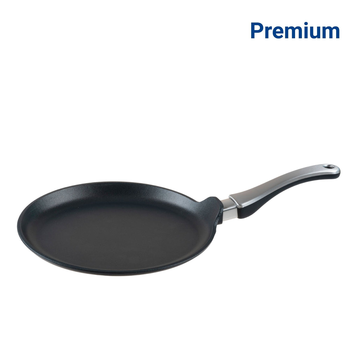 Schwarze Crêpes-Pfanne mit flacher, runder Form und stabilem Edelstahlgriff.