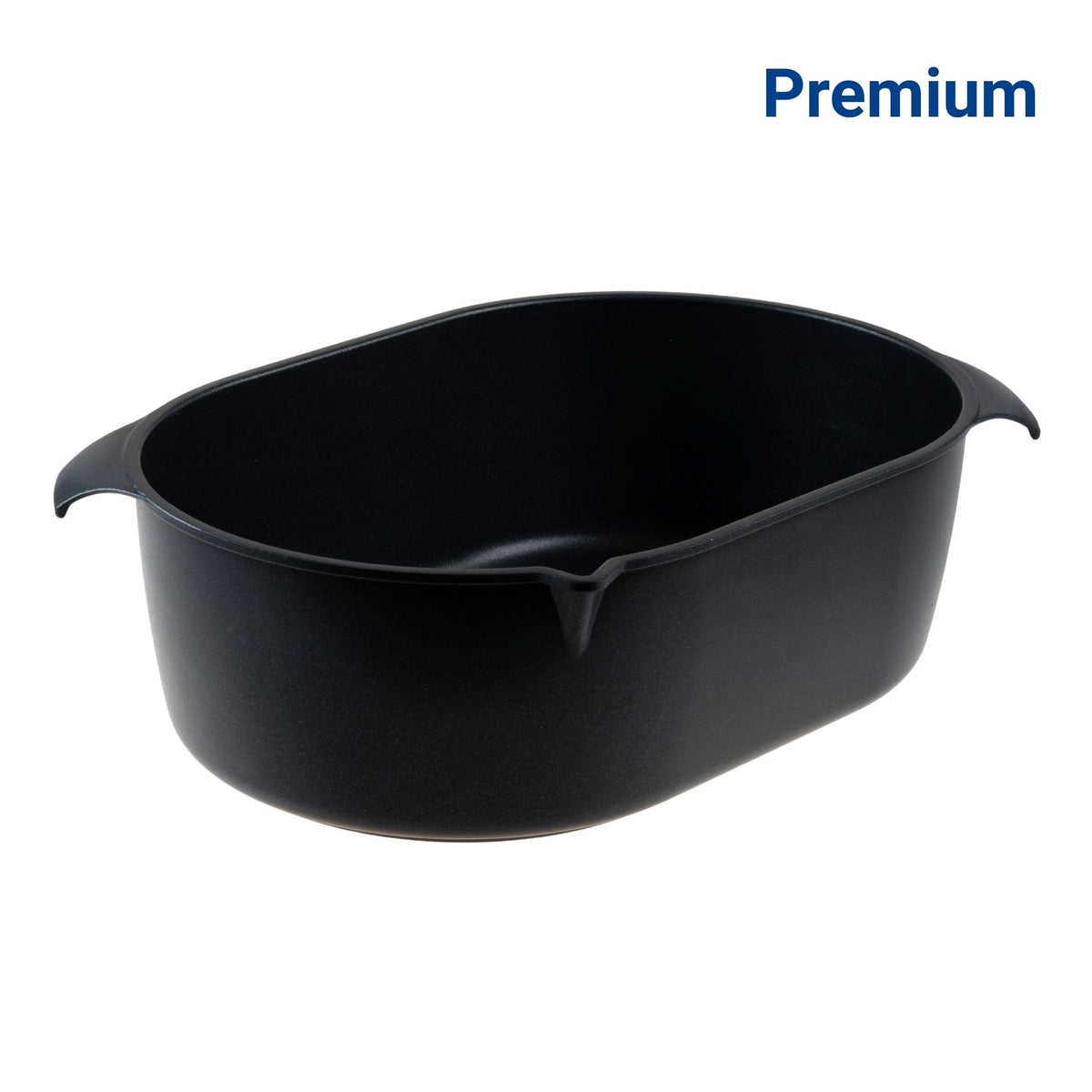 Schwarzer großer Bräter aus robustem Material mit zwei seitlichen Griffen und rundem Eckdesign.