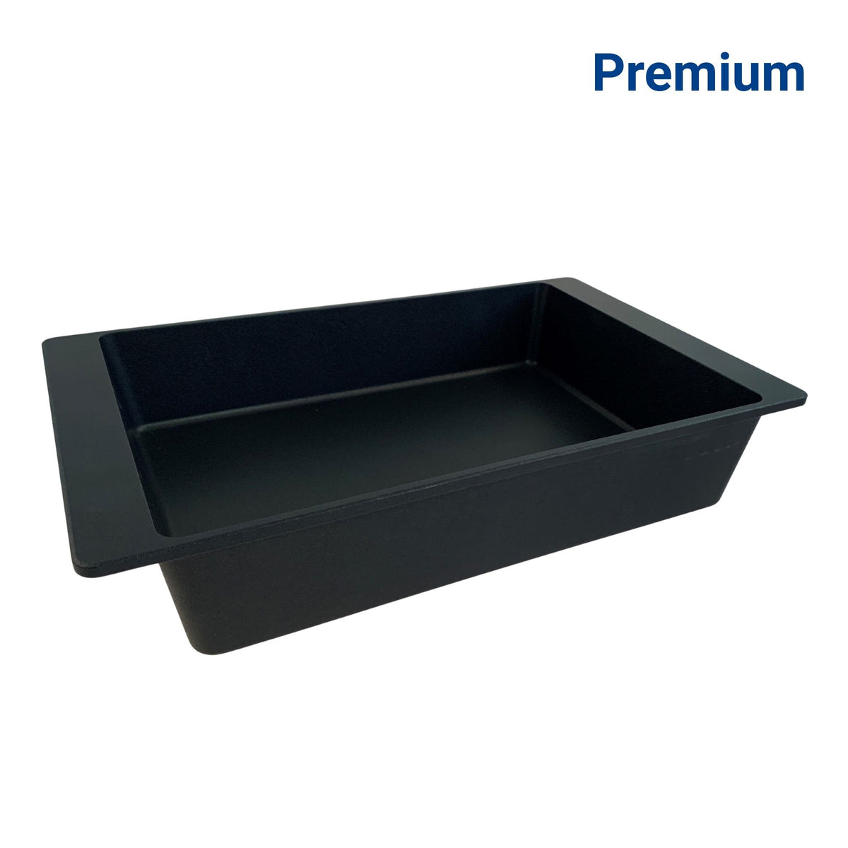 Schwarzer eckiger Gourmet-Bräter aus Metall mit flachen Griffen und mattem Finish.