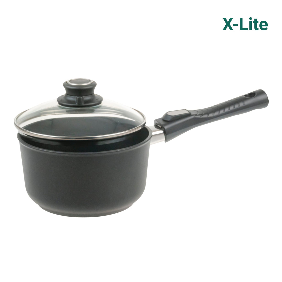 Schwarze Stielkasserolle mit abnehmbarem Griff und Glasdeckel, modernes Design.