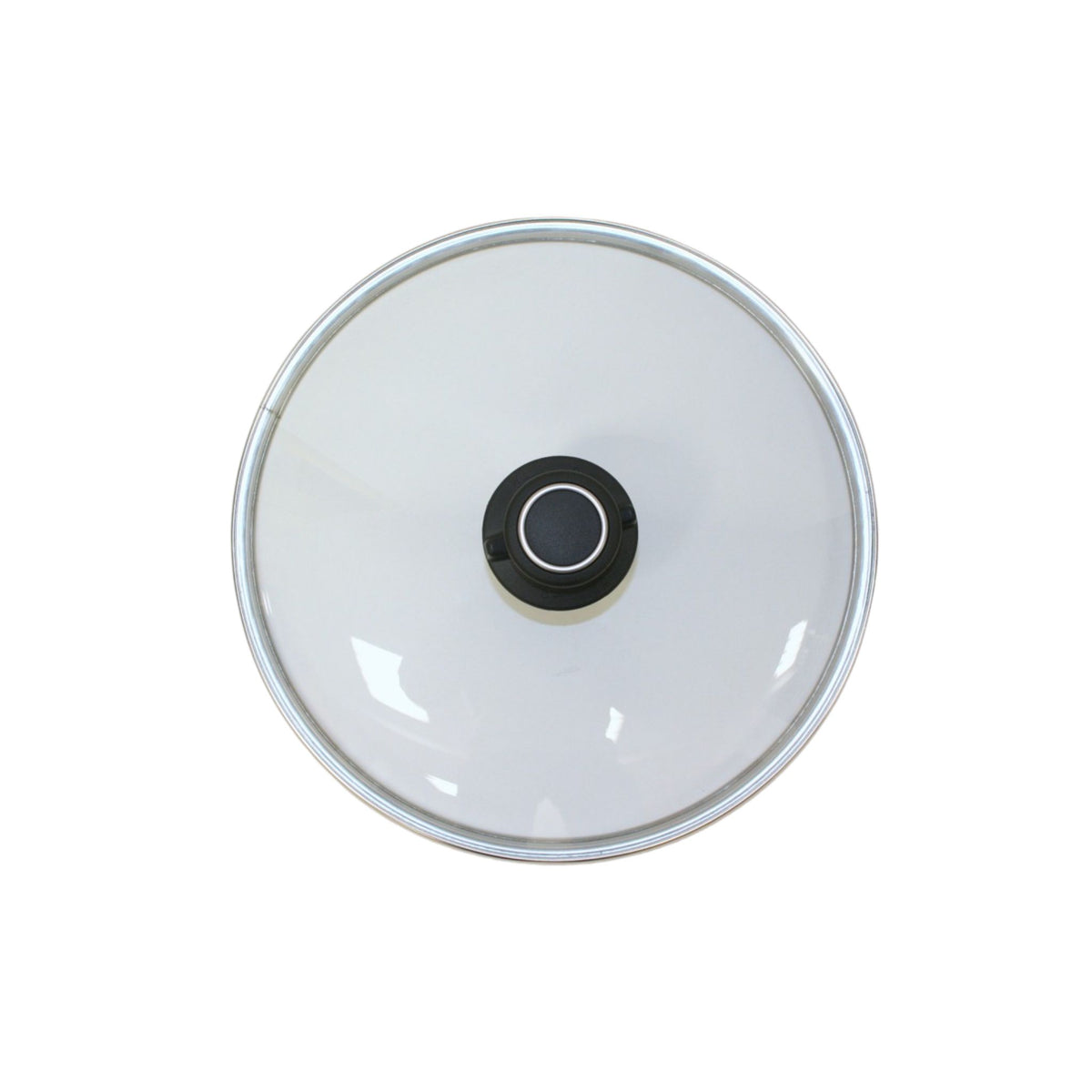 Runder Glasdeckel mit schwarzem Kunststoffgriff und silbernem Metallrand, transparentes Glas.