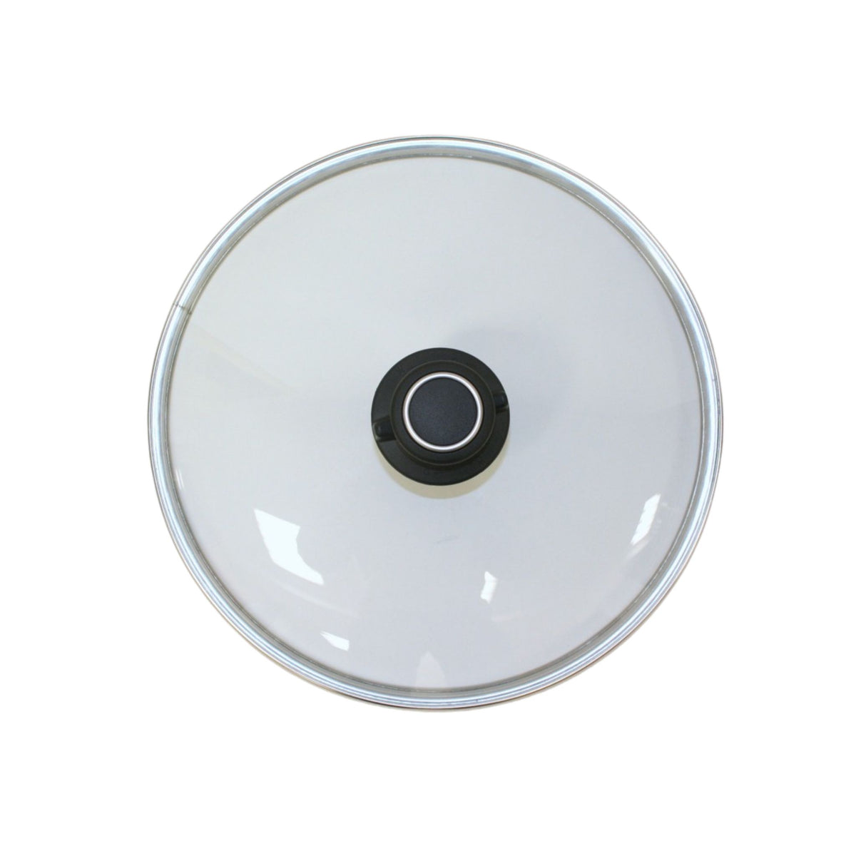 Runder Glasdeckel mit schwarzem Griff und Metallrand.