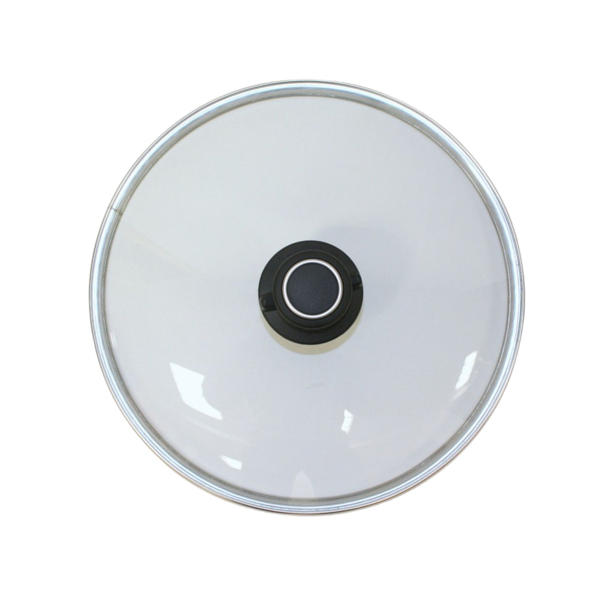 Runder Glasdeckel mit schwarzem Griff und silbernem Rand in 16 bis 32 cm Durchmesser.