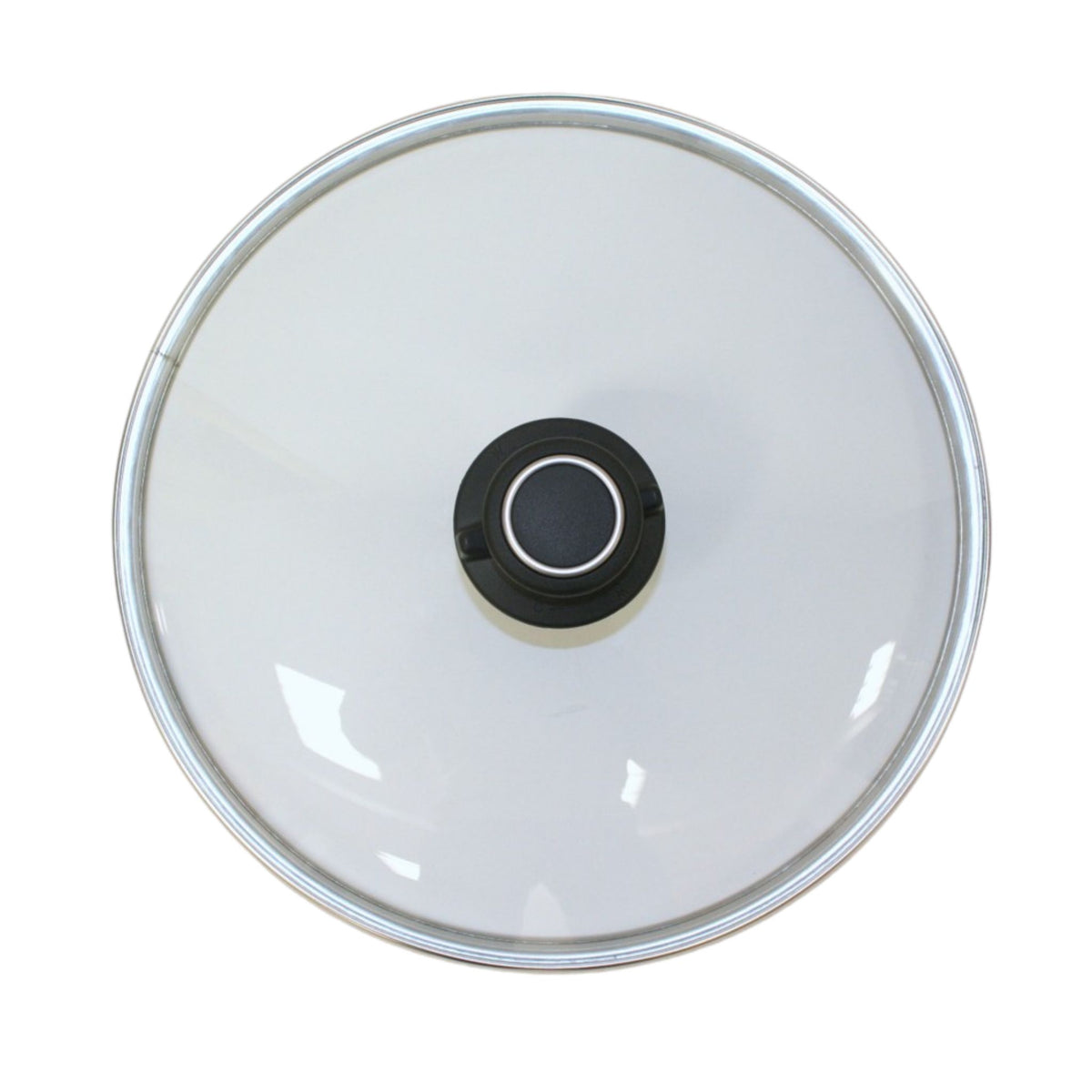 Runder Glasdeckel mit schwarzem Griff und silbernem Metallrand, durchsichtiges Kochgeschirr-Zubehör.
