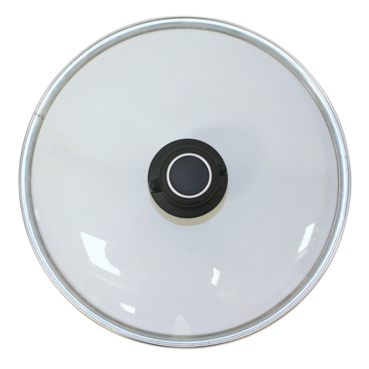 Runder Glasdeckel mit schwarzem Kunststoffgriff und silbernem Metallrand.