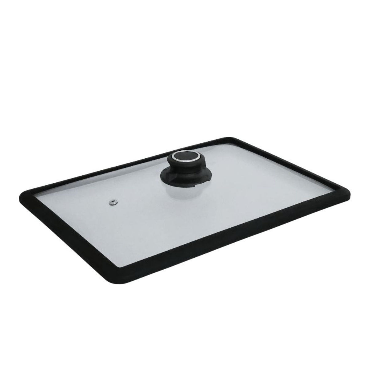 Rechteckiger Glasdeckel mit schwarzem Kunststoffrand und Griff, Dampföffnung sichtbar.