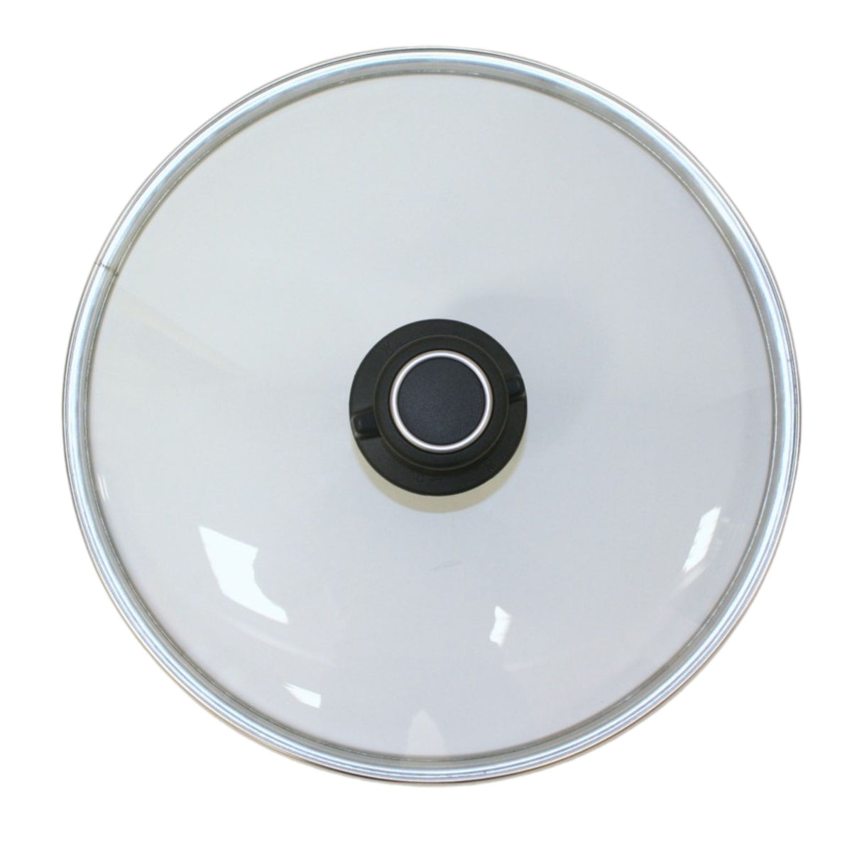 Runder Glasdeckel mit schwarzem Griff und Metallrand, transparent und glatt.