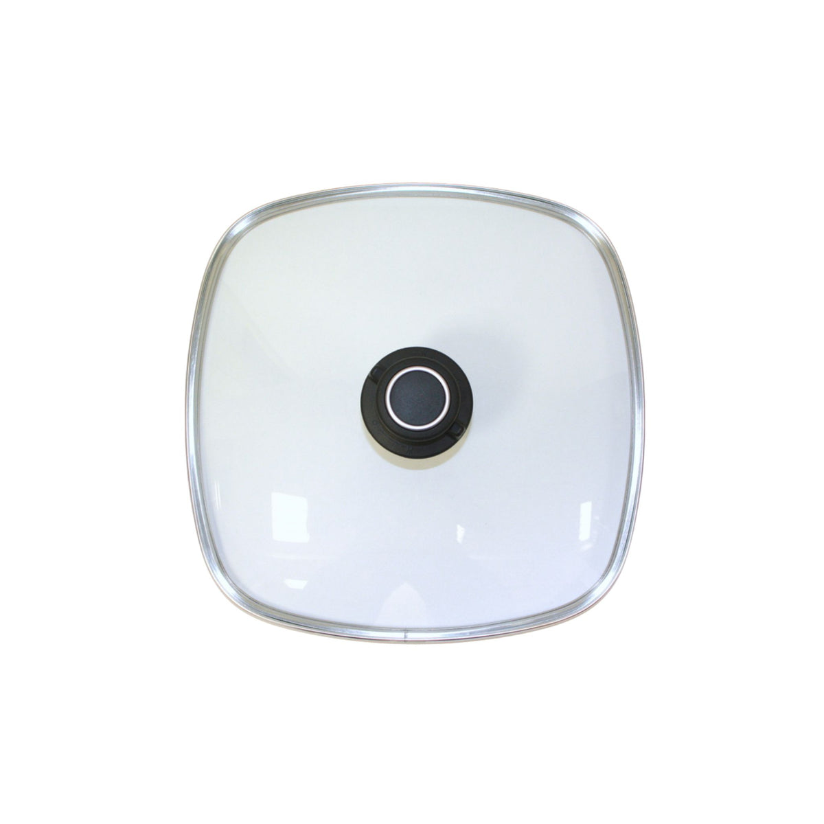 Quadratischer Glasdeckel mit schwarzem Griff und Edelstahlrand, transparent.
