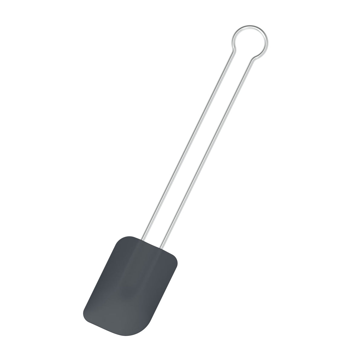 Teigschaber mit anthrazitfarbener Silikonspitze und Metallgriff mit Loch zum Aufhängen.