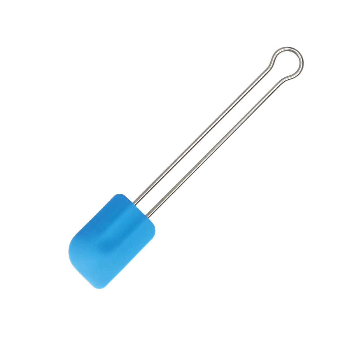 Teigschaber mit blauem Silikonkopf und Metallgriff in schlanker Form.