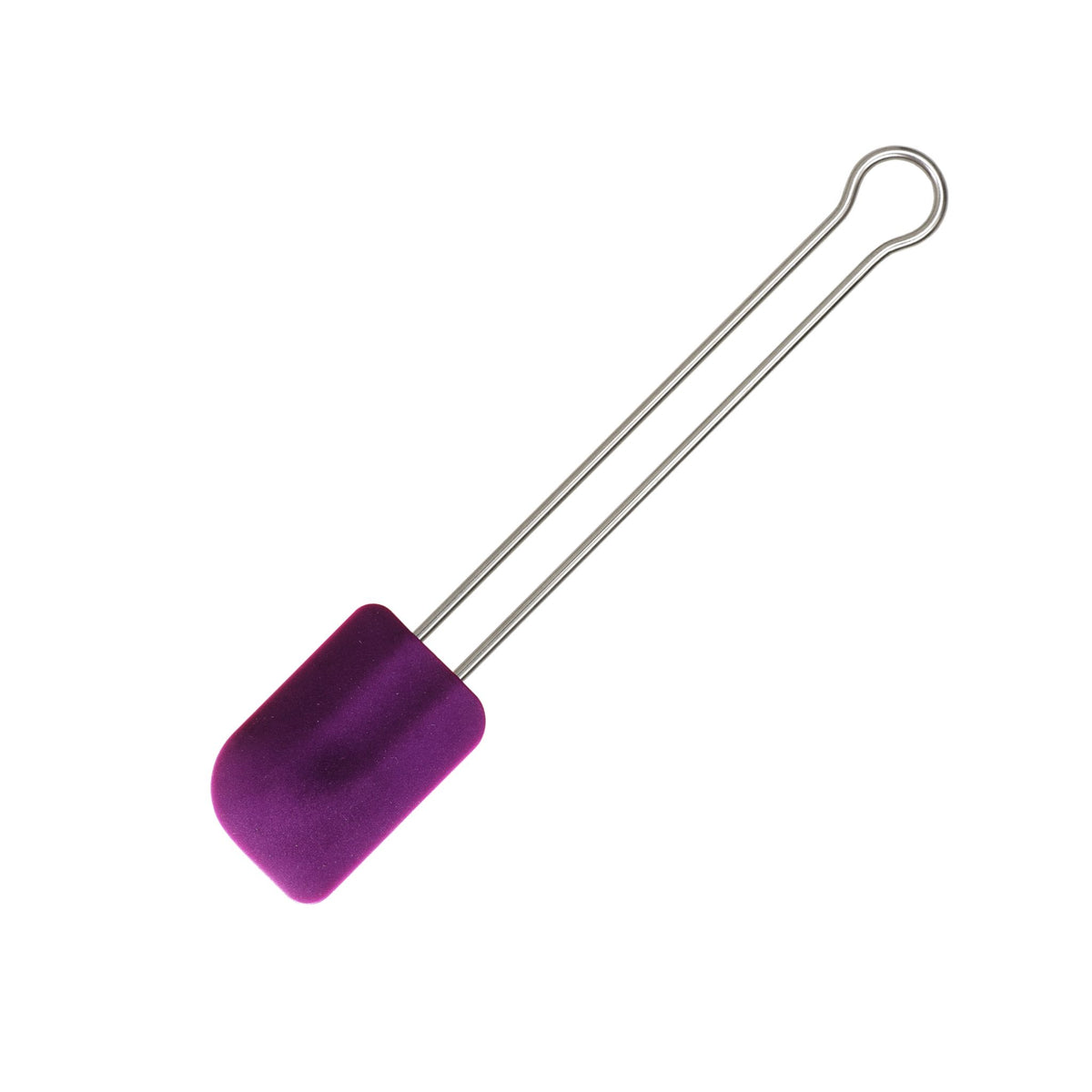 Teigschaber mit lila Silikonkopf und Metallgriff mit Schlaufe zum Aufhängen.