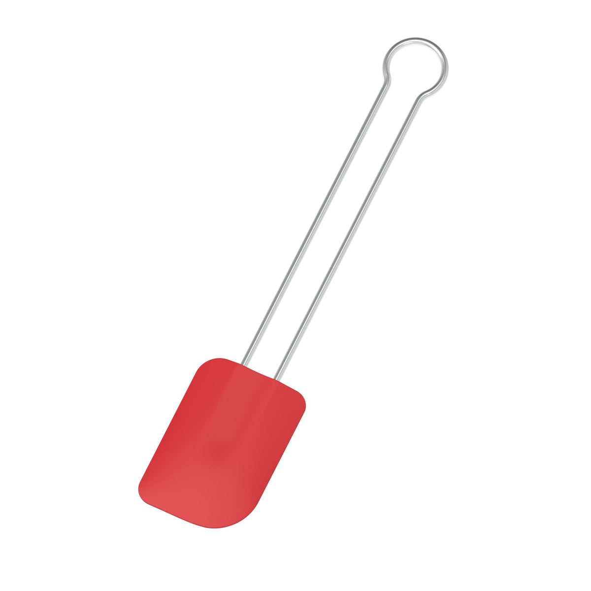 Teigschaber mit rotem Silikonkopf und langem Metallgriff, schmal und glatt gestaltet.