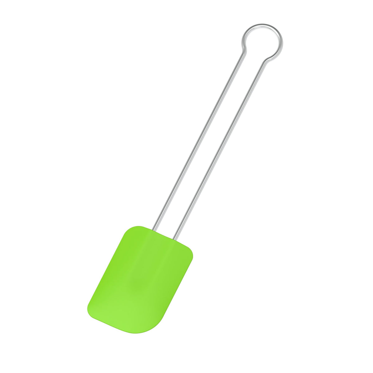 Teigschaber mit limettengrünem Silikonkopf und langem Metallgriff.