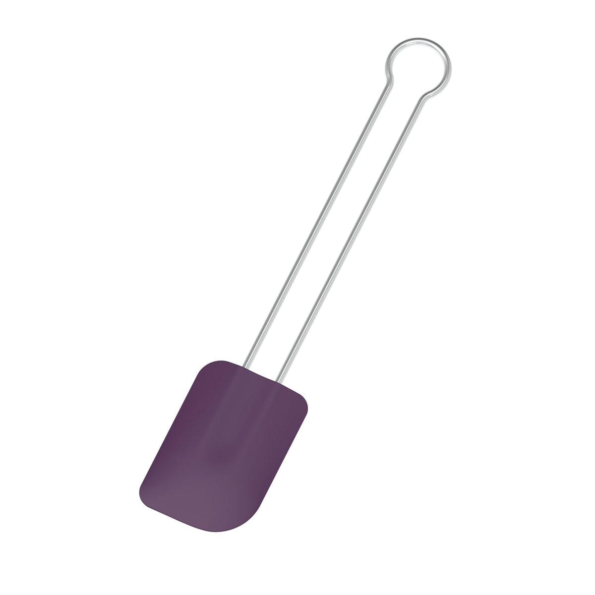 Teigschaber mit lila Silikonkopf und langem Metallgriff.