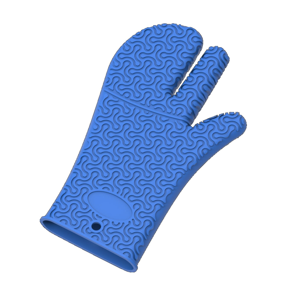 Blauer Ofenhandschuh mit rutschfester, strukturierter Oberfläche und dreifingrigem Design.