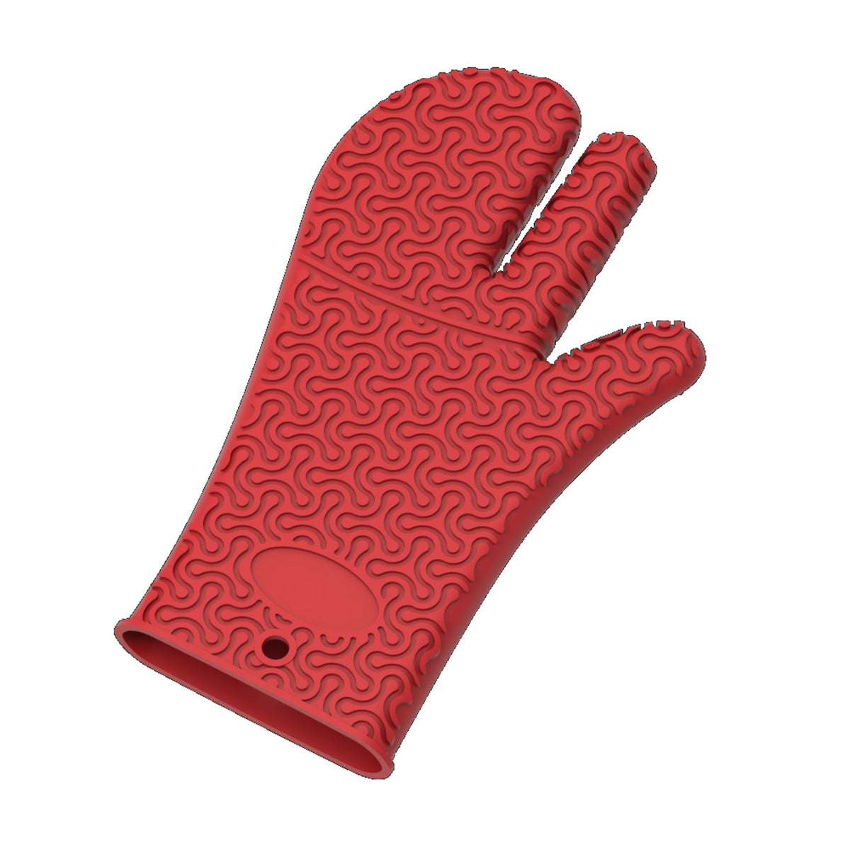 Roter Ofenhandschuh mit rutschfestem, wellenförmigem Silikonmuster und Schlaufe zum Aufhängen.