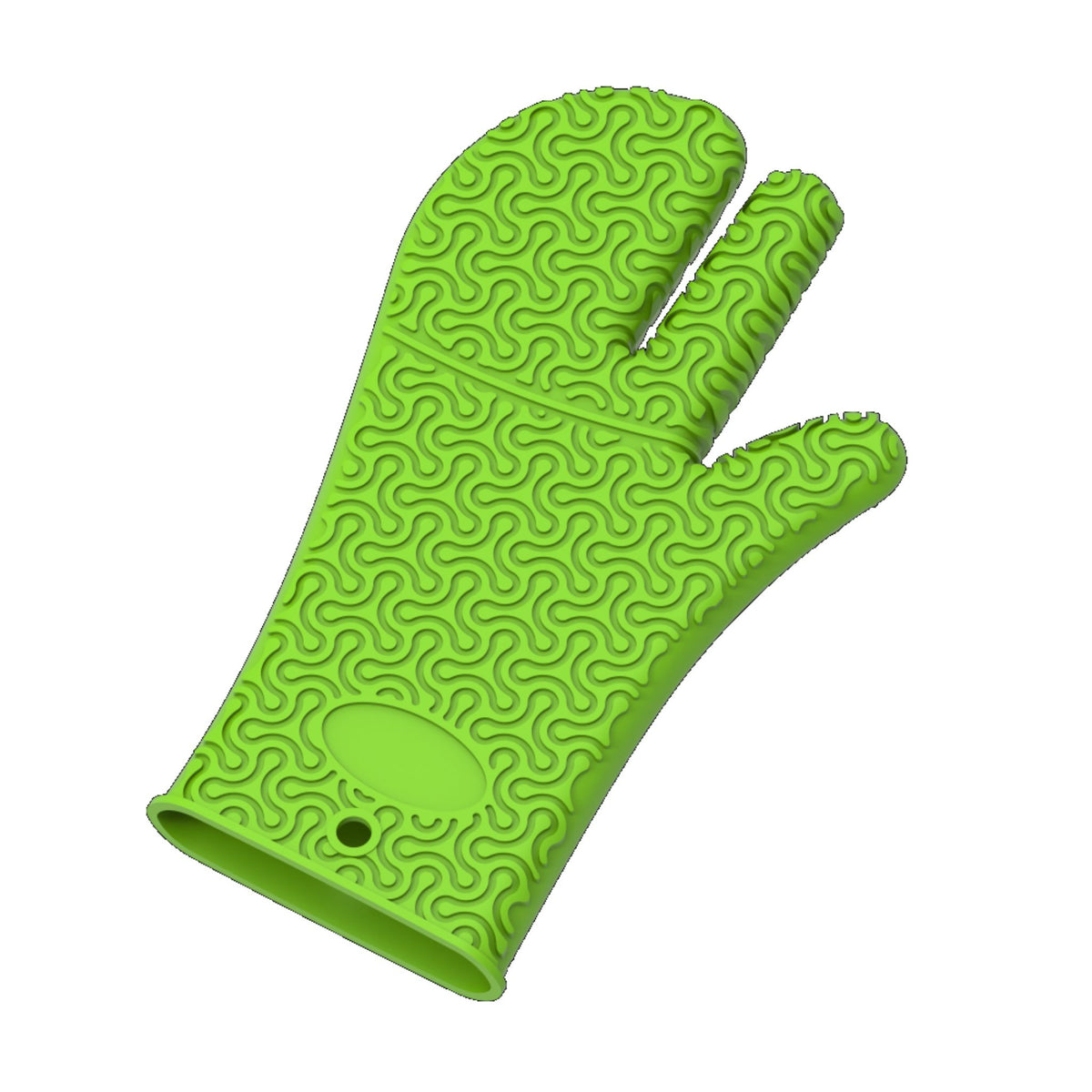 Ofenhandschuh in limettengrün mit rutschfestem Muster und Schlaufe zum Aufhängen.