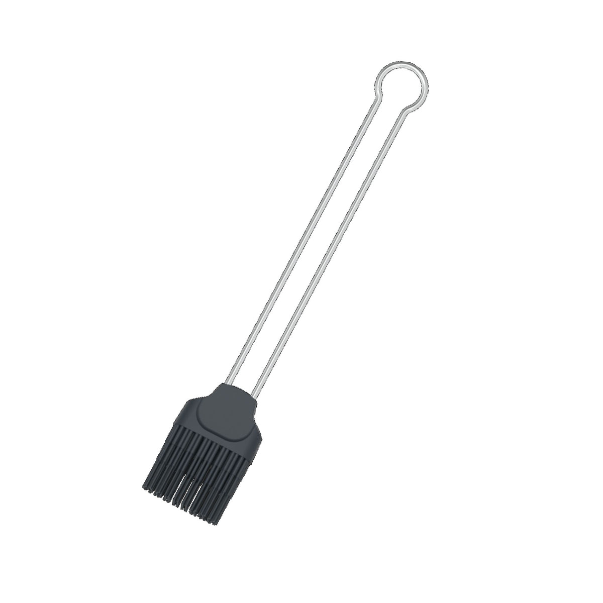 Pinsel mit anthrazitfarbenen Silikonborsten und langem Metallgriff mit Aufhängeloch.