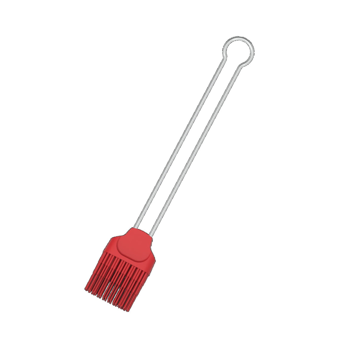 Rot transparenter Silikonpinsel mit langem Metallgriff und Aufhängeloch.