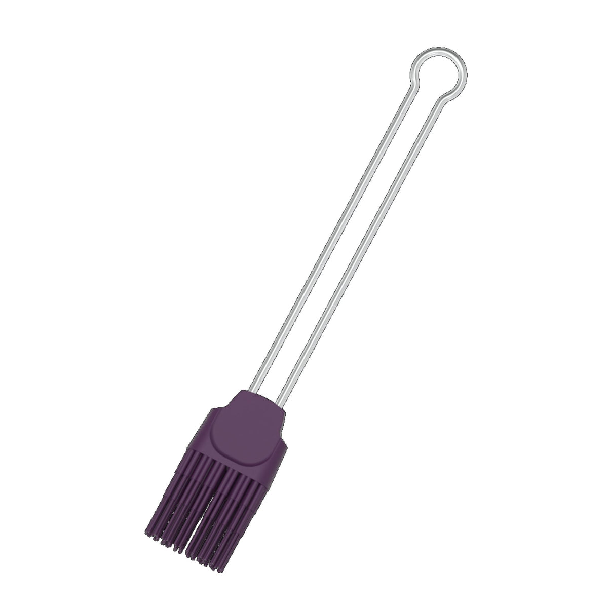 Backpinsel mit lila Silikonborsten und Metallgriff mit Aufhängeloch.