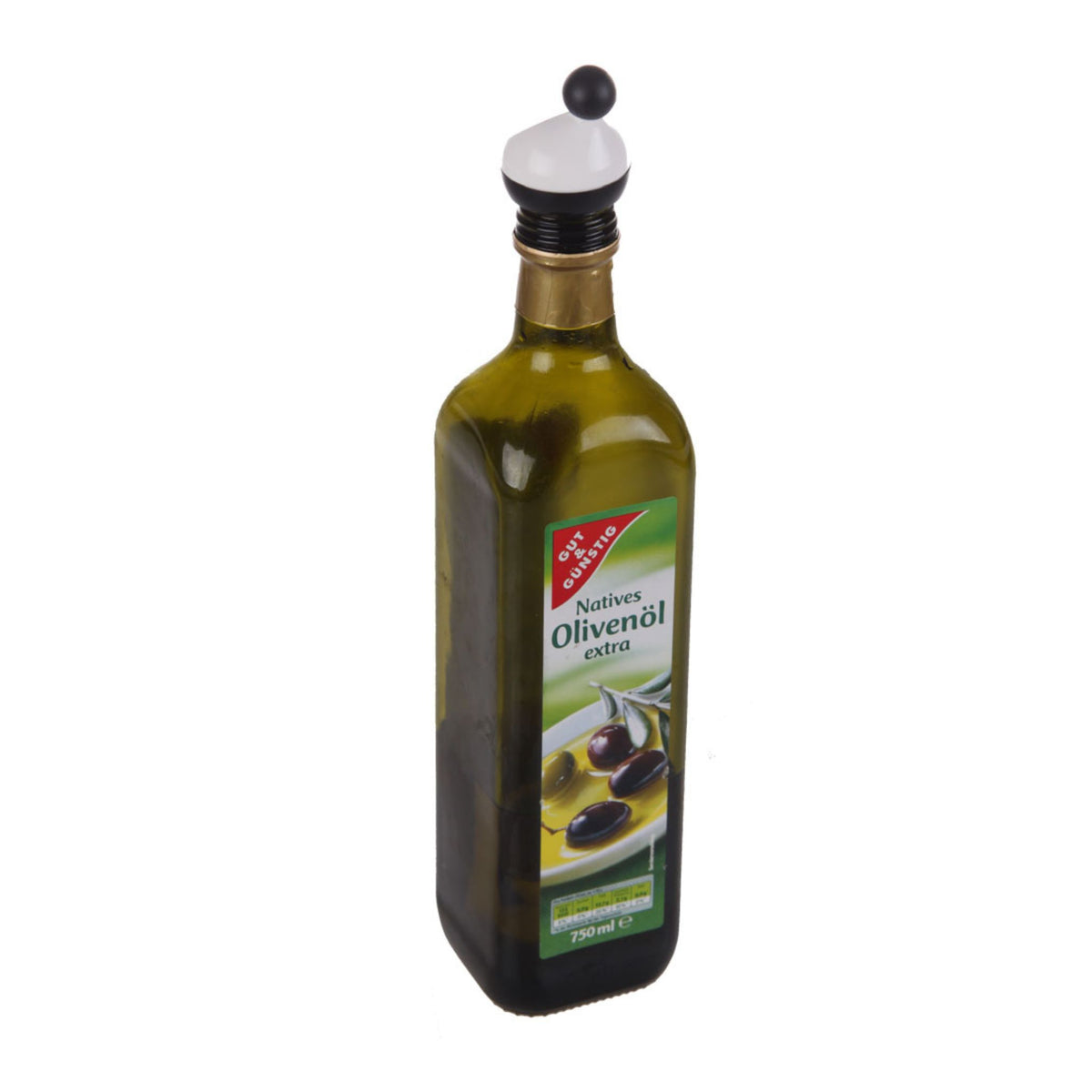 Grüne Glasflasche mit schwarzem Öl Sparausgießer und Olivenöl-Etikett.