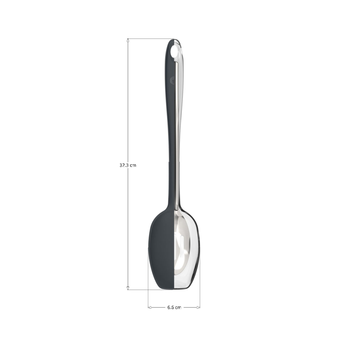 Edelstahl Soßenlöffel mit langem, gebogenem Griff und glänzender Oberfläche, 31,5 cm lang, 6,5 cm breit.
