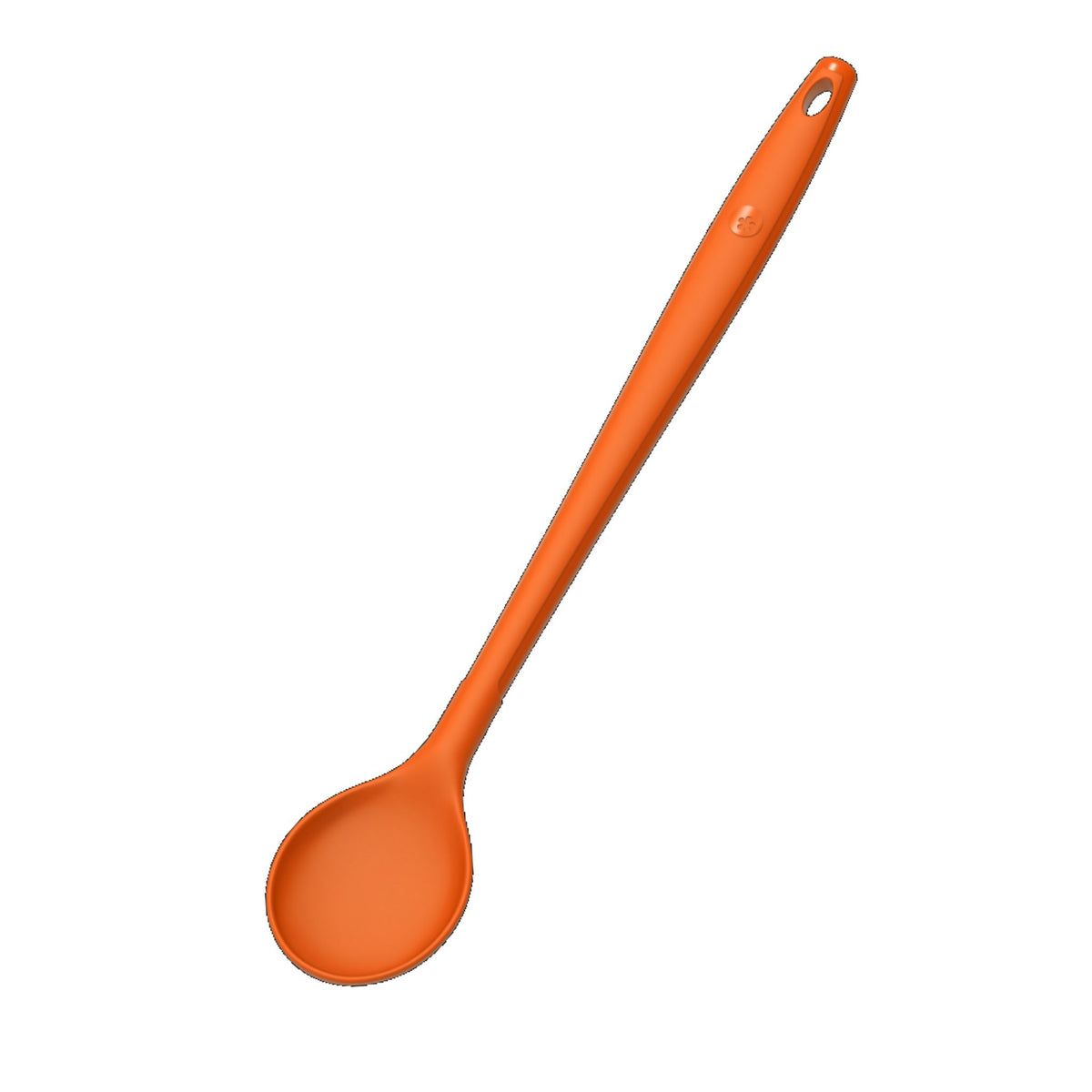 Kochlöffel aus Kunststoff in kräftigem Orange mit Loch zum Aufhängen.