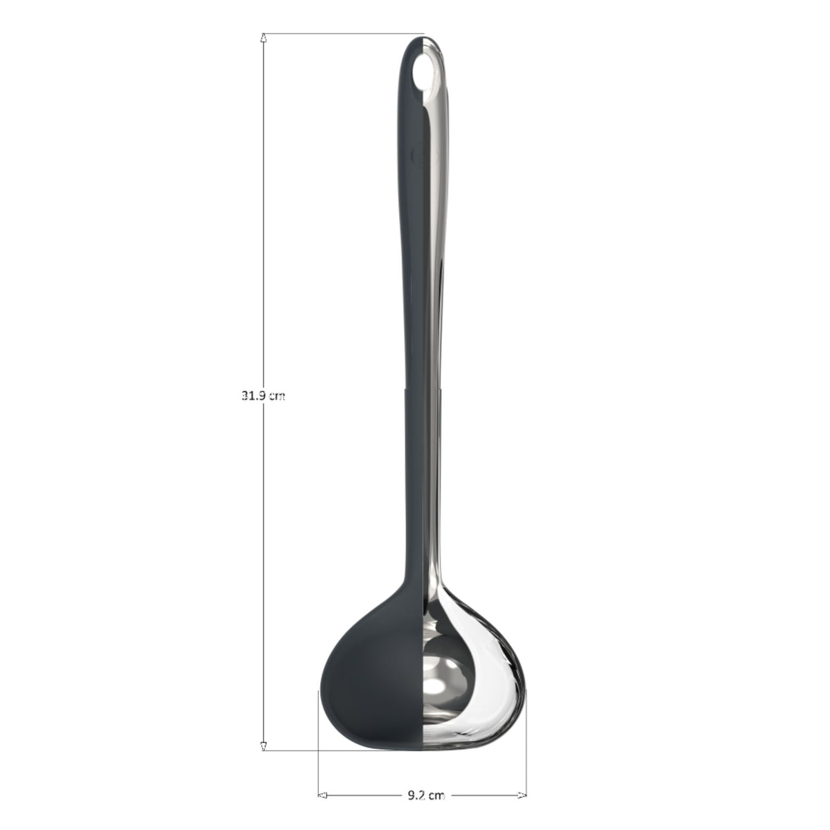 Schöpfkelle in Anthrazit mit langem Griff und runder Schöpfmulde aus Metall.