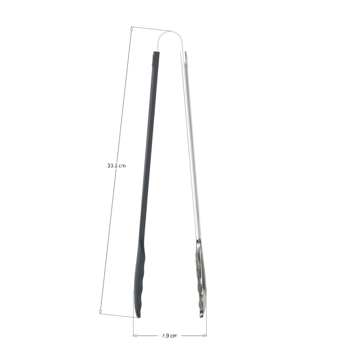 Anthrazitfarbene Grillzange mit gezahnten Greifenden aus Edelstahl, 33 cm lang.