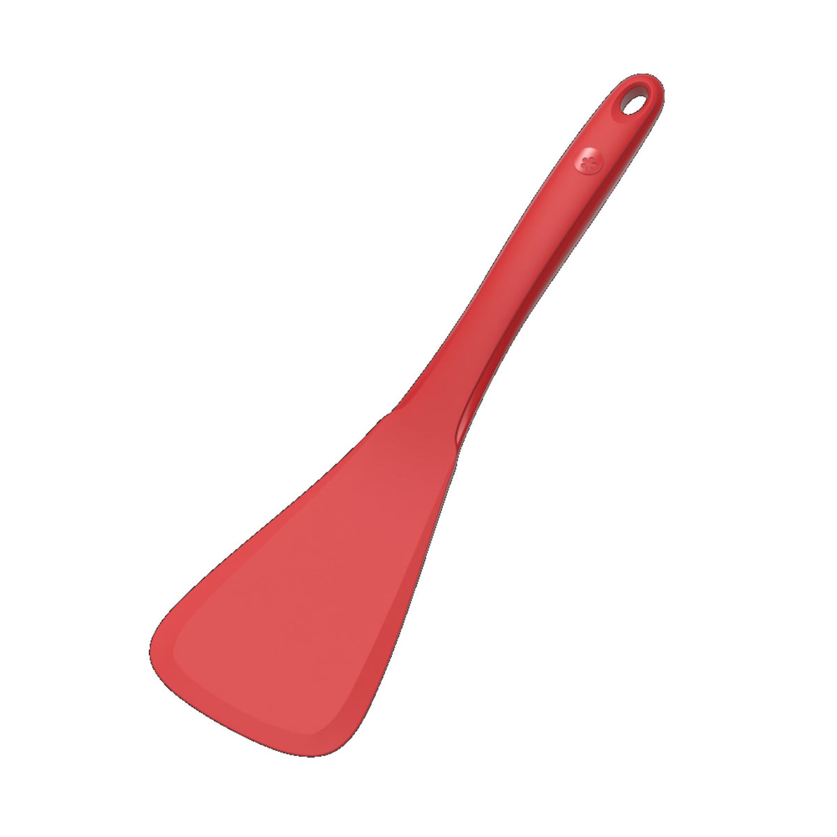 Roter Pfannenwender aus flexiblem Material mit Loch am Griffende zum Aufhängen.