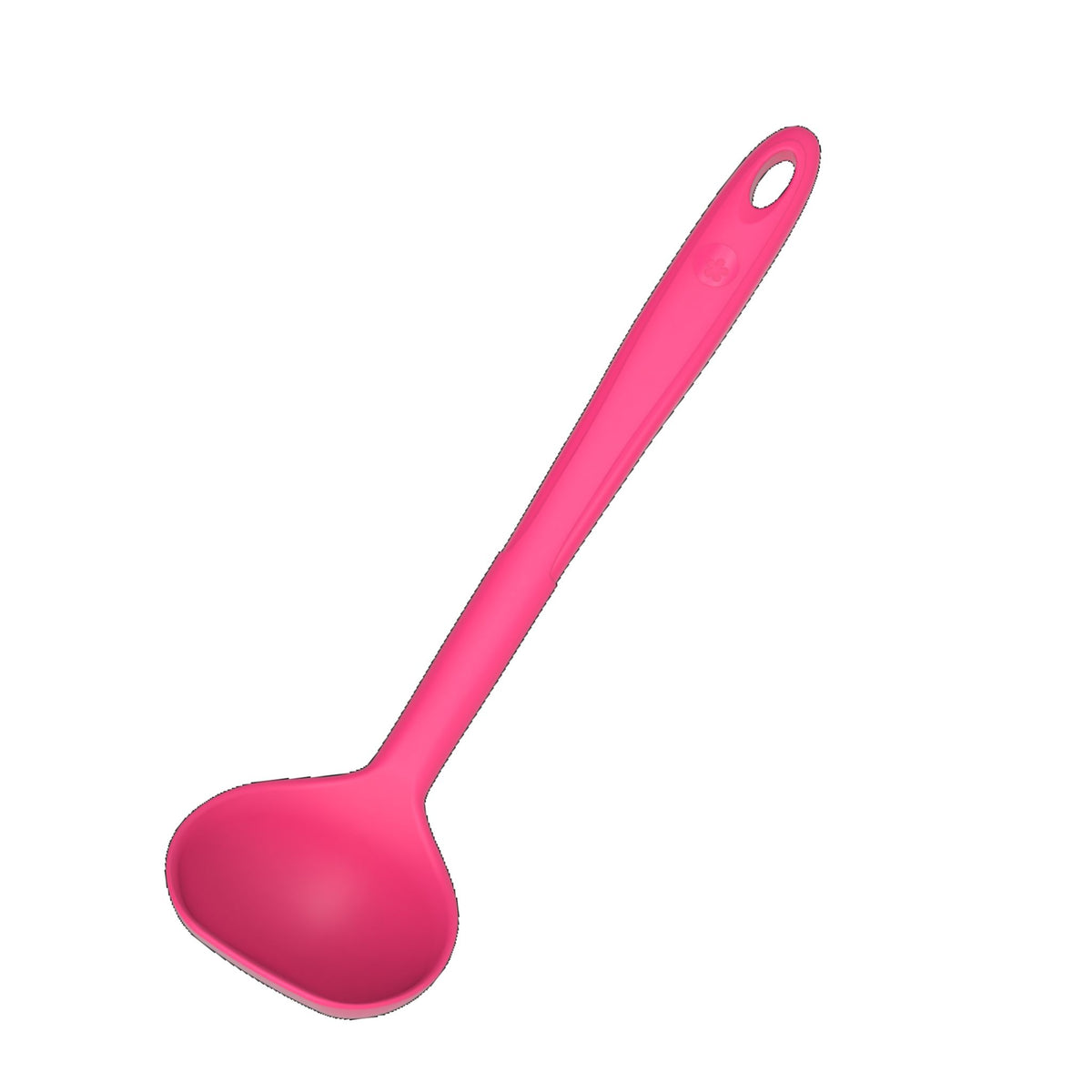 Pinkfarbene Schöpfkelle mit langem Griff und Loch zum Aufhängen.