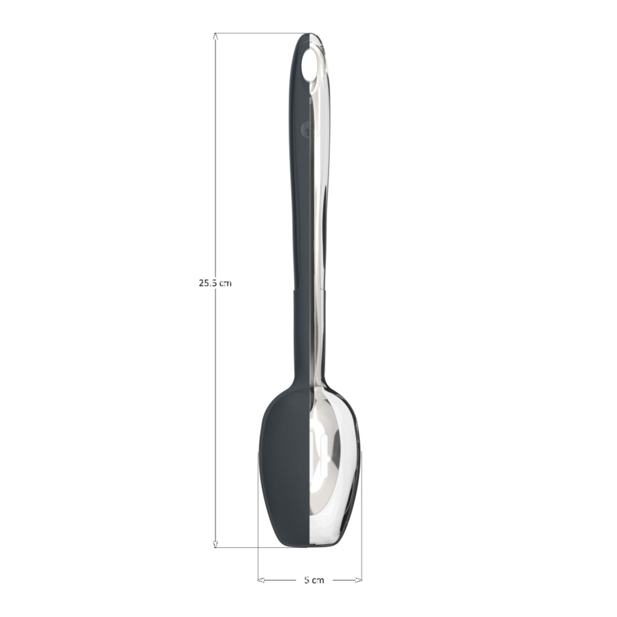 Soßenlöffel mit anthrazitfarbenem Griff und poliertem Edelstahl-Kopf, 25,5 cm lang.