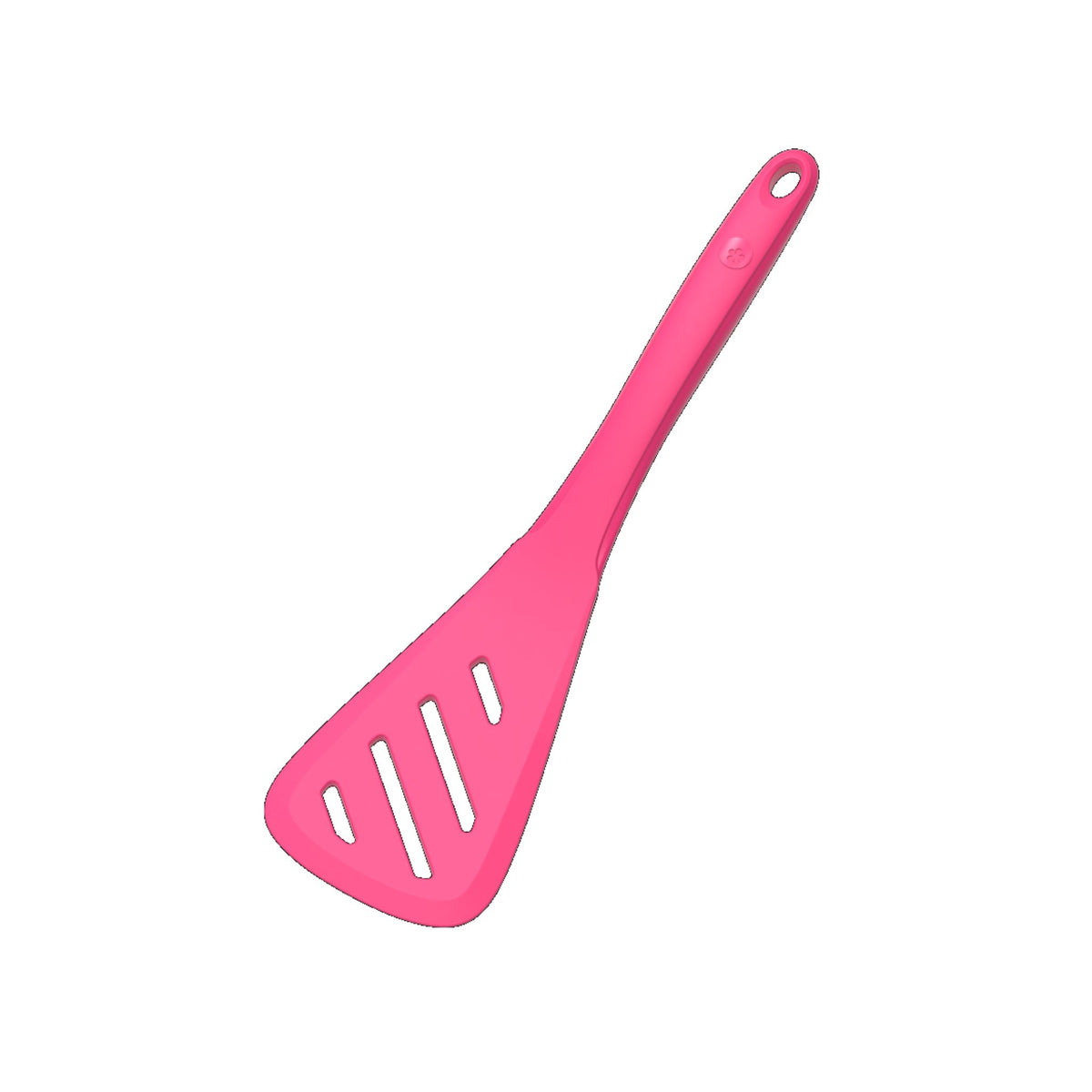 Pfannenwender in Pink mit schrägem Kopf und länglichem Griff aus Kunststoff.