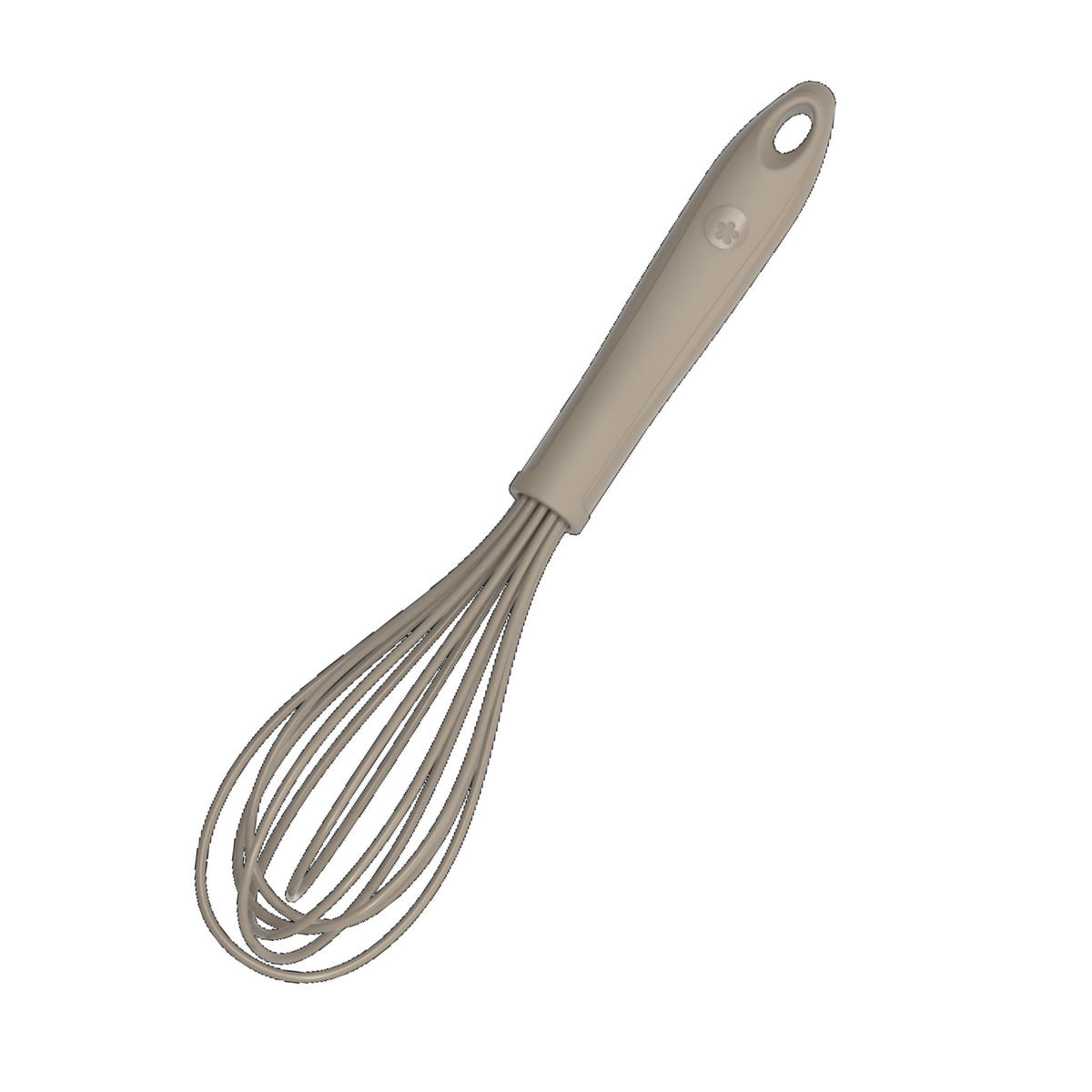 Schneebesen in Taupe mit Kunststoffgriff und rostfreiem Metallbesen.