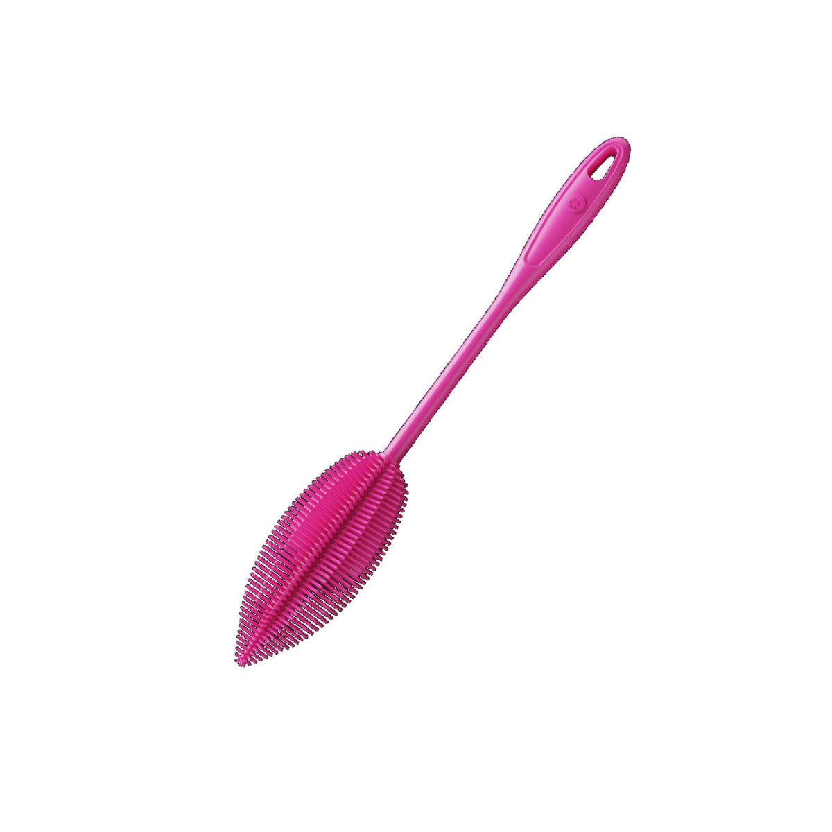 Flaschenbürste mit ergonomischem Griff in Pink und flexiblen Borsten.
