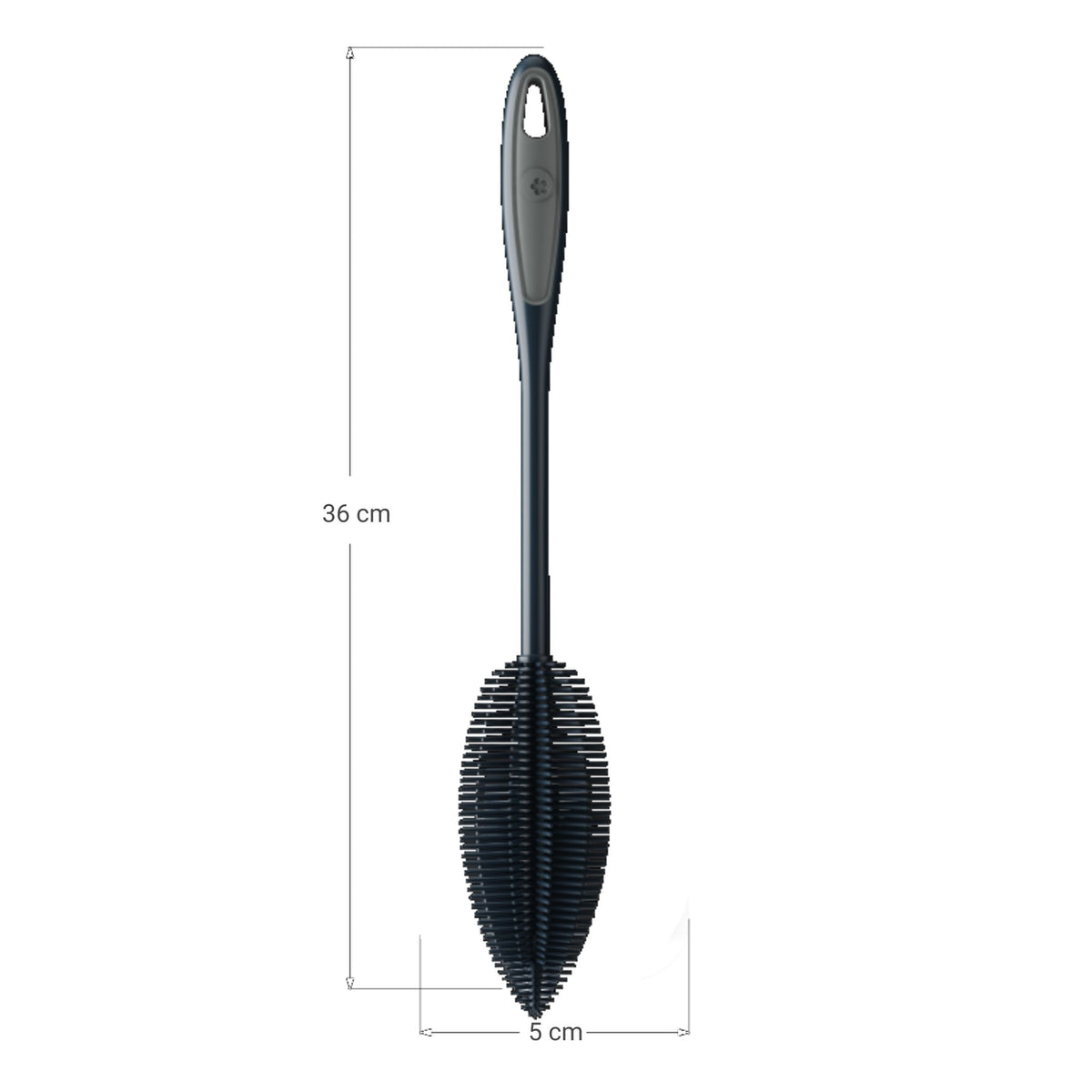 Anthrazitfarbene Flaschenbürste mit langem Griff und dichtem Bürstenkopf, 36 cm lang.
